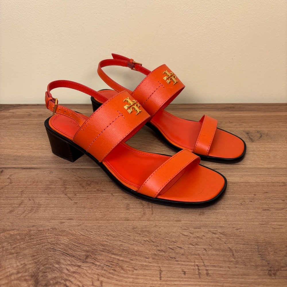 TORY BURCH Mini Everly Heel Slingback Sandals Desert Flower Orange Women Size 11